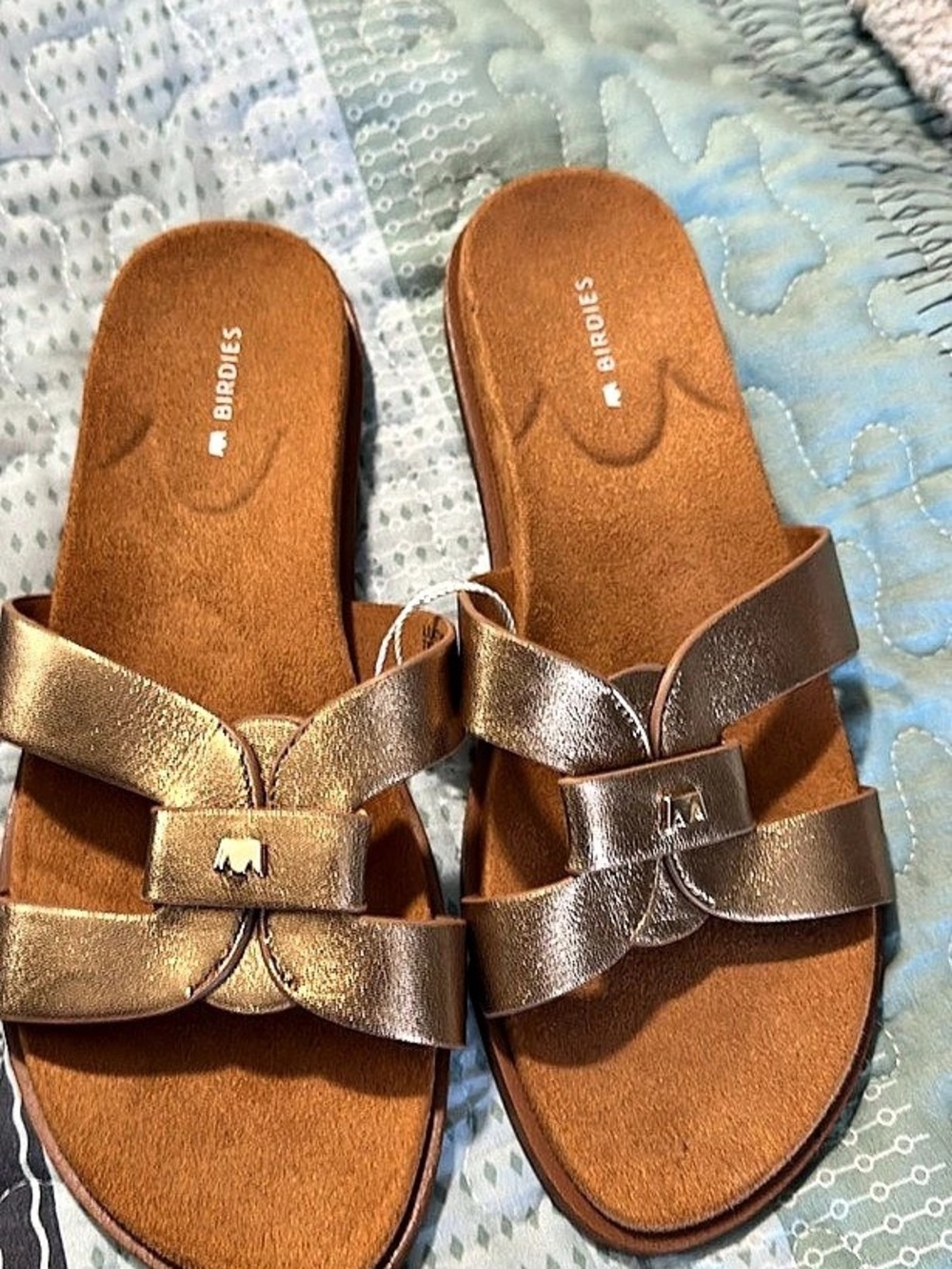 Birdies The Sunbird Icon Double Strap Sandals Gold & Brown US 6